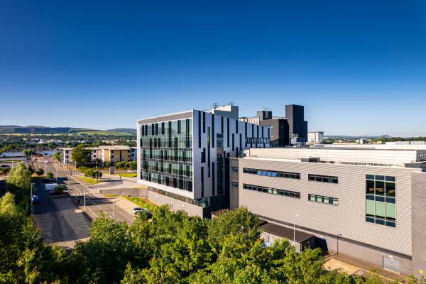 Ariel view of the side of Sighthill campus buildings.