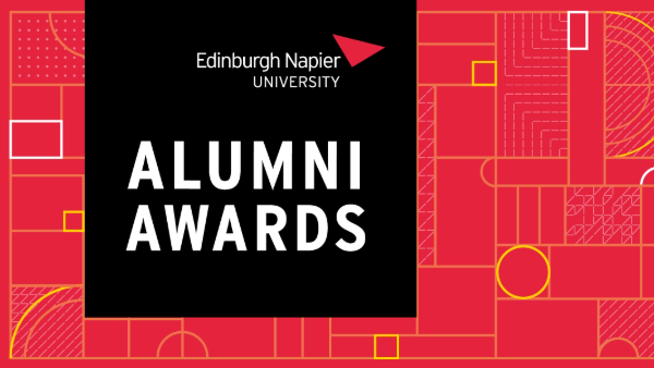 Alumni Awards on a patterned red background
