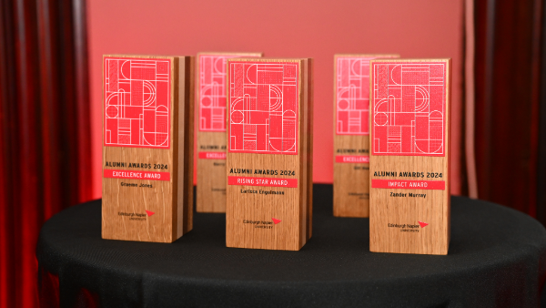 Alumni Awards trophies placed on a table before they are presented
