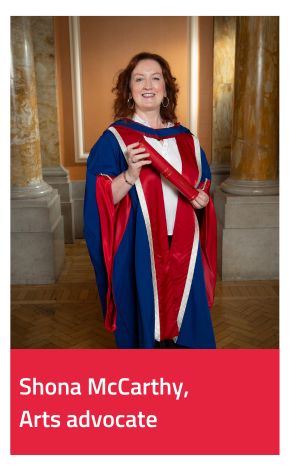 Honorary Graduate Shona McCarthy wearing gown and holding scroll 