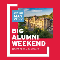 Big alumni weekend graphic, red and white with a photograph of Craiglockhart Campus