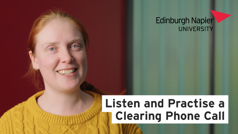 Smiling staff member in yellow jumper. Text on image reads: Listen and practise a Clearing phone call