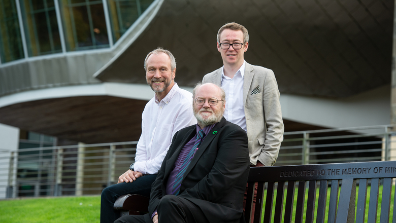 Professor Mark Huxham with Friends of the Earth Scotland director Richard Dixon and Edinburgh Napier University communications manager Ross Burns outside Craiglockhart campus