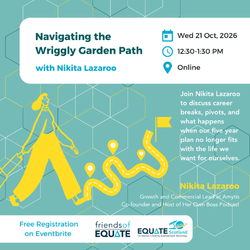 Event promotion for “Navigating the Wriggly Garden Path” webinar with Nikita Lazaroo, featuring a winding yellow path graphic and online event details.
