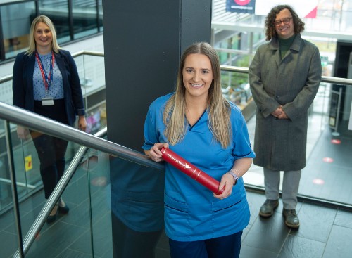 Joanna MacDonald, 2020 Simon Pullin Award winner, at Sighthil campus with Alison Wood and Stephen Smith in the background