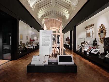 A wide-angle shot of the timber exhibition in the V&A museum