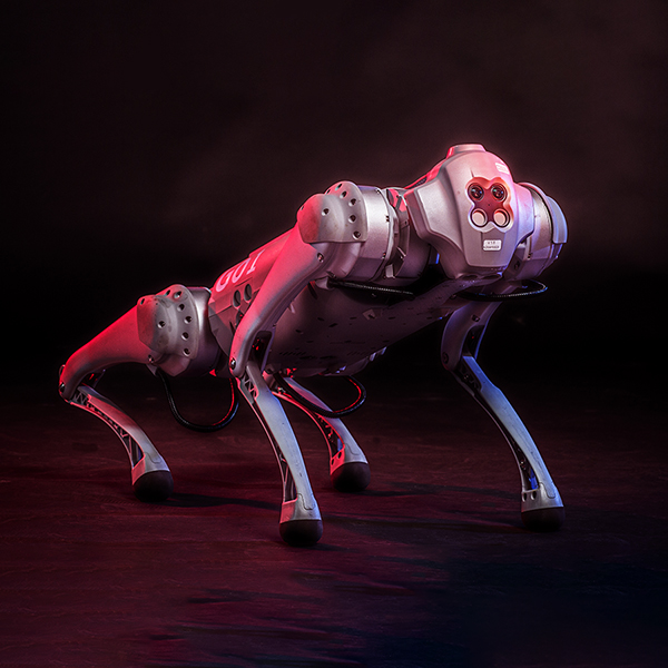 A robot roughly in the shape of a dog with four legs and a camera for eyes where the head would be