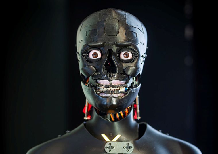 A robot with human-like facial features.