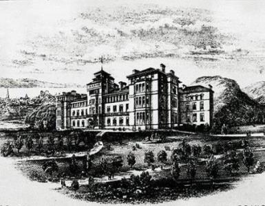 Black and white drawing of Craiglockhart building surrounded by countryside.