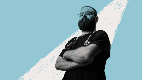 Nursing lecturer sam standing confidently in spotlight graphic