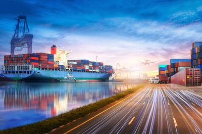 Logistics and transportation of International Container Cargo ship and cargo plane in the ocean at twilight sky.